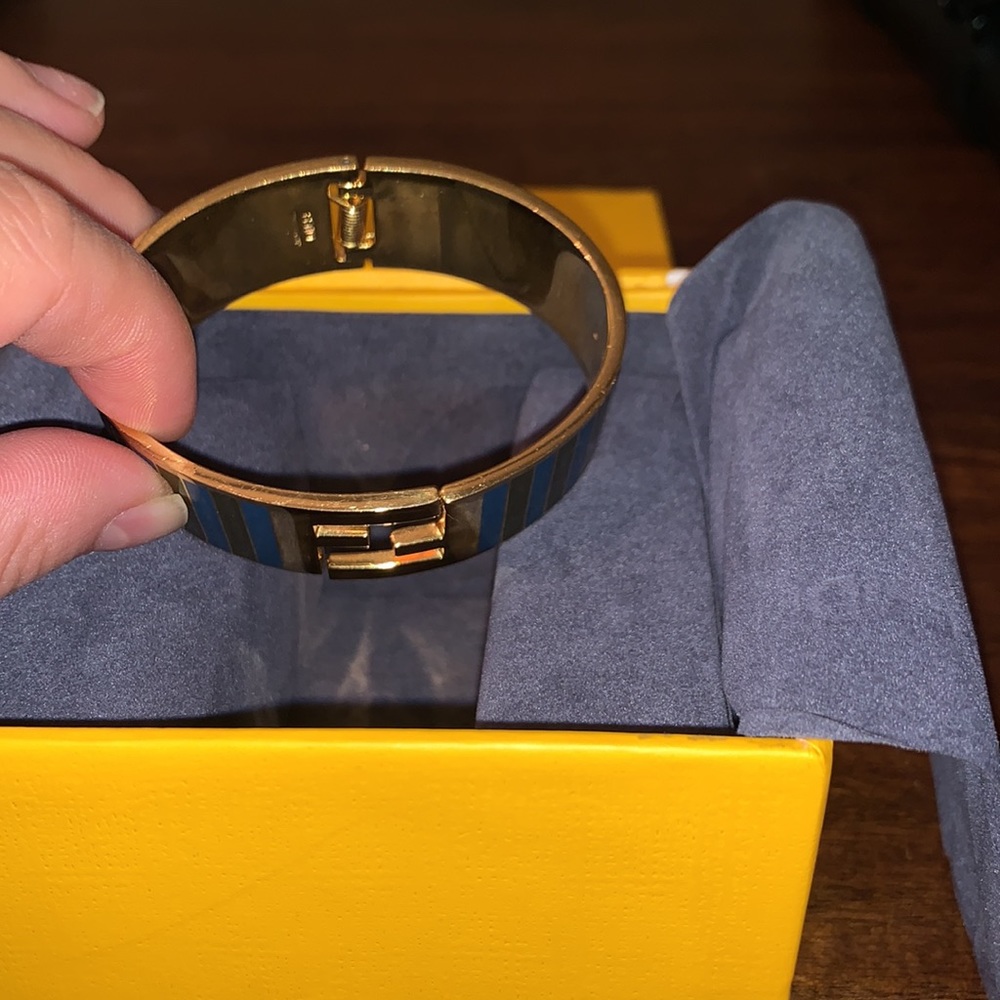 Fendi Gold and Blue Striped Hinged Cuff Bracelet - Picture 6 of 8